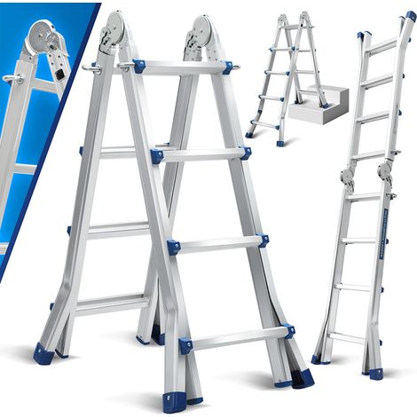 Wolketon Teleskopleiter Alu Leichtgewicht 4x4 Ebene Silber  multifunktion Multifunktionsleiter Mehrzweckleiter Ausziehbare  aus Hochwertigem Aluminium Belastbarkeit 150KG