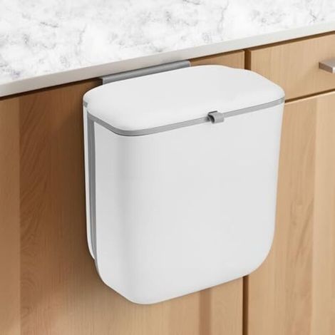 Poubelle suspendue sous évier, 10 L, avec couvercle anti-odeurs, pliable, idéale pour la salle de bain, le camping et les caravanes (blanche) (1/5)