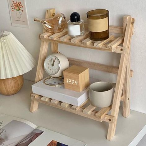Étagère de bureau à 2 niveaux en bois, étagère décorative à poser sur un comptoir, idéale pour le bureau à domicile. (1/5)