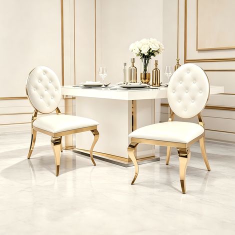 Juego de 2 sillas de comedor blancas de polipiel con respaldo capitoné y patas doradas (1/5)