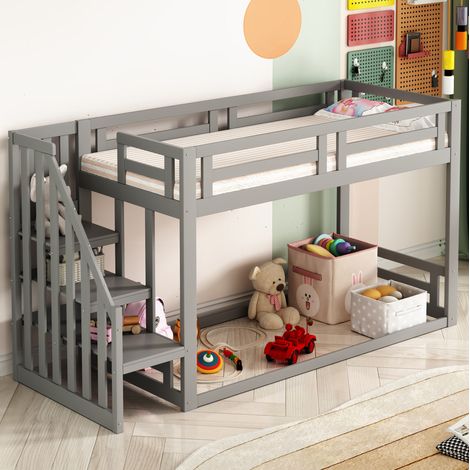 DESVIAE Lit superposé enfant 90 x 200 cm avec échelle de sécurité rangement bois massif gris (1/5)