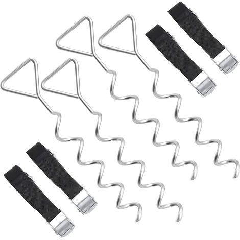 Songmics – Kit d'ancrage trampoline – Lot de 4 piquets spiralés en fer galvanisé – Sangles polyester 2m ajustables – Fixation sécurisée et rapide