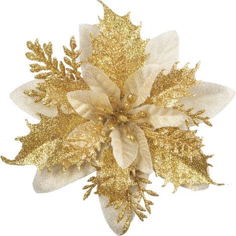 Lot de 12 fleurs de Noël à paillettes (15 cm) avec 12 poinsettia artificielles pour sapin de Noël(Doré)