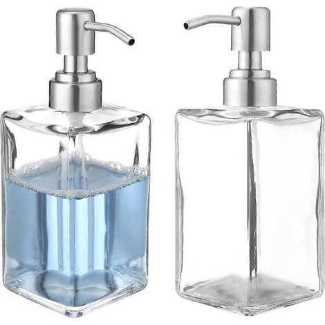 Set aus 2 Flüssigseifenspenderflaschen, 450 ml, aus Klarglas, quadratische Form, mit Edelstahlpumpe. – AquaForge (1/5)