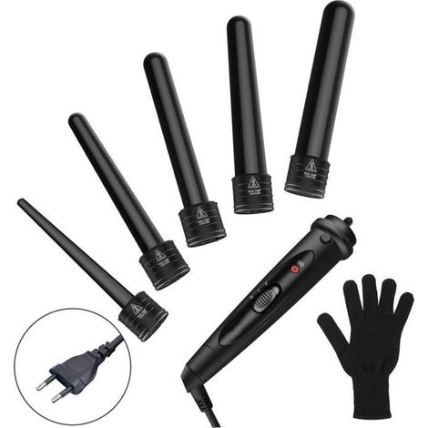Noir 5 Pièces Fer à Boucler 5 en 1 Fer à Friser Boucleur Fers Interchangeable en Ciramique Tourmaline Chauffage Rapide Gant (1/4)