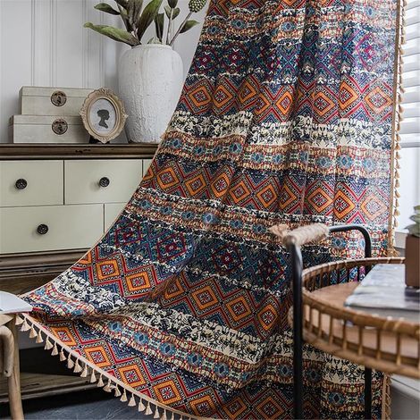 Boho-Gardine, Bohemian-Stil, 1 Stück, Ethno-Chic, geometrische beige Quasten, künstlerischer orangefarbener Würfeldruck, Fensterdekoration (1/5)