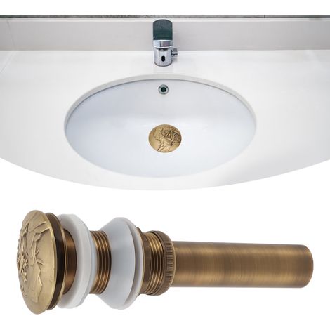Bonde de lavabo en cuivre de style ancien, avec trou de trop-plein et système à ressort. (1/5)