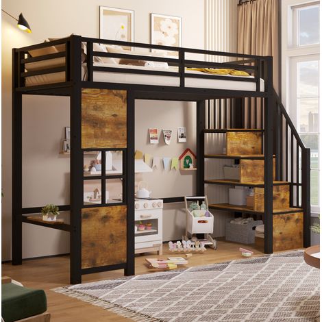Cama alta infantil 90x200 cm negra con escalera de almacenaje, barandillas y zona de juego bajo cama, estructura de metal y MDF – CHICFURN para dormitorios pequeños (1/5)