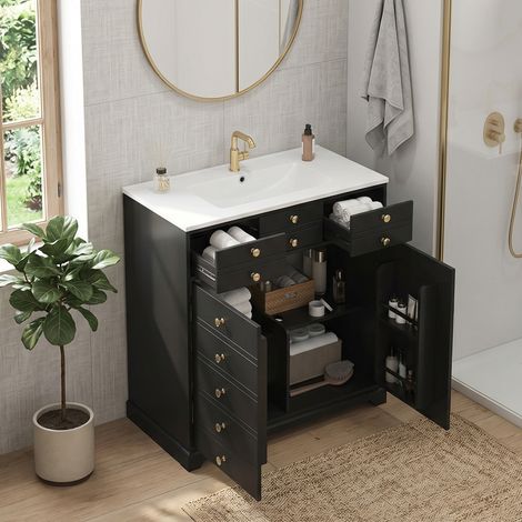 URBAN MEUBLE Meuble de Salle de Bain Noir et Doré avec Vasque Céramique, Tiroirs et Placard (robinet non inclus) (1/5)