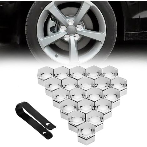 20 pcs Capuchons d'écrou de Roue, 19 mm Anti-poussière Couvercle de Jante placage Hexagonal Chrome Boulon Couvre Roue Cache-écrous Bouchon d'Écrou de Roue avec 1 Outil Suppression, Argent (1/5)