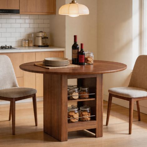 Tavolo da pranzo rotondo 100x100x76 cm, con vani contenitore aperti, piano effetto noce, MDF, marrone noce (1/5)