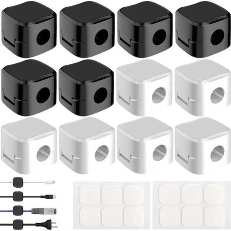 Organizador de cables - Clips para sujetar cables - Organización de escritorio - Montaje autoadhesivo - 12 piezas - Blanco y negro (1/5)