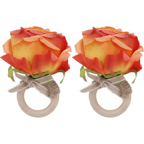 Lot de 2 pinces à serviette en bois originales, anneau serviette floral artificiel pour décoration de table festive Orange (1/5)