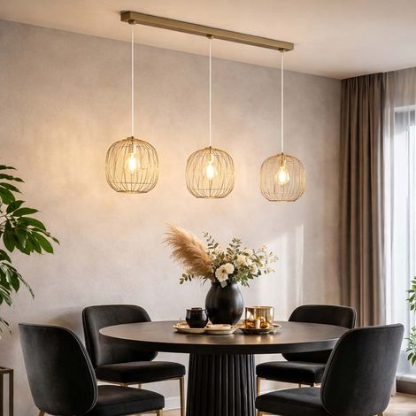 LED Hängeleuchte Retro Pendelleuchte sandfarben 3 flammig Esszimmerleuchte Gitterschirme, Metall, 3x 7W 630lm warmweiß, LxBxH 84x18x150 cm