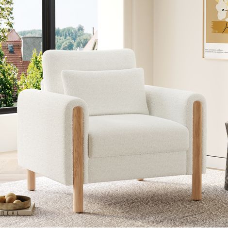 Fauteuil lounge 1 place en tissu teddy blanc, avec coussin épais, structure en bois, accoudoirs confortables et design compact pour salon, bureau ou chambre  CHICFURN (1/5)