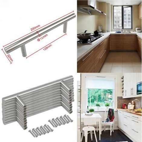 20pcs Barre en T Poignées Armoire de cuisine Porte meuble Armoire Tiroir Chambre à coucher acier brossé (1/4)