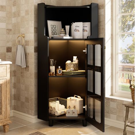 MEUBLIV Meuble d'angle 63,5 x 124 cm noir – éclairage LED piloté par app (1/5)