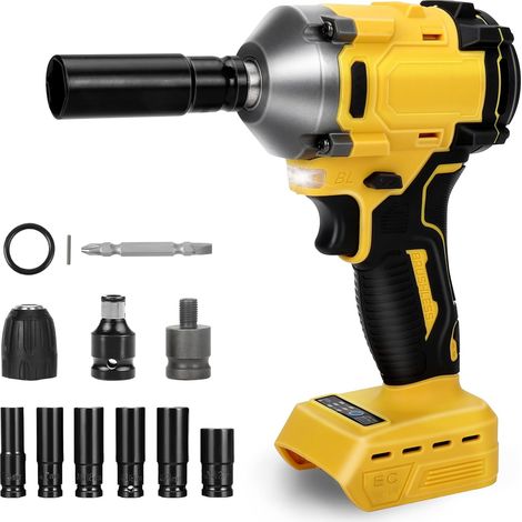 Bürstenloser Akku-Schlagschrauber, kompatibel mit Dewalt 18 V 20 V, 1/2 Zoll 600 Nm Elektro-Schlagschrauber, Akku-Schlagschrauber, 6 Schlagnüsse für Auto und Zuhause (ohne Akku) (1/4)