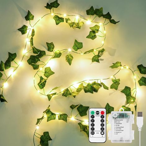 10M 100 LED Artificial Ivy Garland with Remote Control Battery and USB for Home Kitchen Garden Office Wedding Wall Decor (White) (1/5)