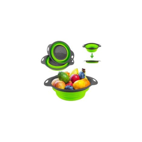 2 Pièces Passoire Cuisine Pliable - 2 Tailles, Retractable, Facile À Nettoyer - En Silicone Pour Pâtes et Légumes, Panier À Vapeur (Vert 25+29cm) (1/5)