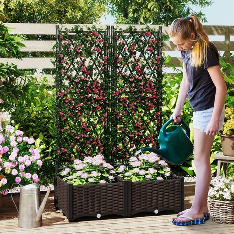 Jardinière avec Treillis sur Pied Double Bac à Fleur Auto-arrosage en Rotin PP avec Maille Diamant Trou de Drainage Lit de Jardin Noir (1/5)