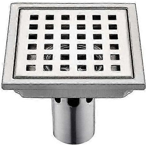 Siphon de sol INOX, 1 pièce, en acier inoxydable, 15 cm x 15 cm, filtre carré, désodorisant, anti-refoulement et anti-fuite d'eau. (1/4)