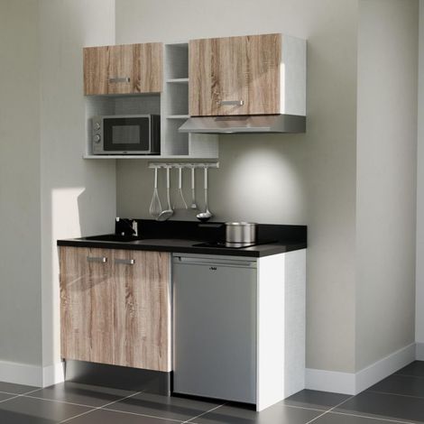 Kitchenette K13L - 140 cm - plan monobloc évier intégré Nero- évier à gauche - Façades Bois + Electroménager inclus coloris Inox