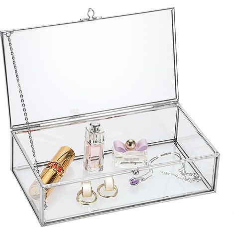 Grande boîte à bijoux rectangulaire vintage avec couvercle en verre - Présentoir de table pour bagues, bracelets, colliers (argenté) (1/5)