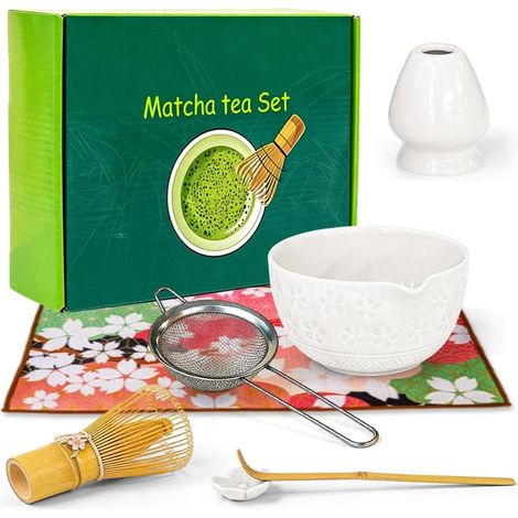 Matcha Set of 7 Ceramic Tea Bowls with Cherry Blossom Design, Japanese Tea Ceremony Set for Matcha Preparation, Includes Bowl (Chawan), Bamboo Whisk (Chasen), Strainer and Accessories (1/5)