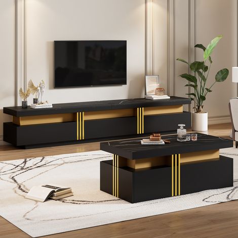 TV-Möbel und Couchtisch-Set, 200 x 40 x 42 cm, aus Spanplatte, schwarz, geeignet für Fernseher bis zu 90 Zoll