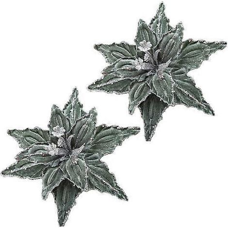 Lot de 2 fleurs artificielles de Noël en velours pailleté avec pétales ajustablesvert armée (1/5)