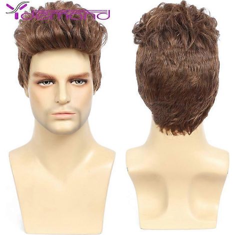 Perruques pour hommes Y Demand, perruque synthétique intégrale, cheveux bruns ondulés, coupe pixie, cheveux courts, aspect duveteux, perruque réaliste en fibres de haute qualité, usage quotidien