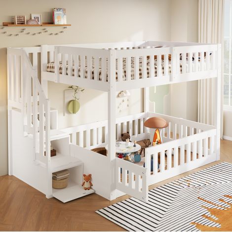 MODFU – Letto a castello basso per bambini 140x200 cm in pino e MDF con scala contenitore, barriere, portata 150 kg e 3 colli – Bianco (1/5)
