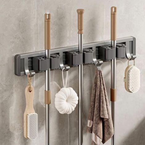 Accroche Balai Mural Aluminium, sans Percage, Support Adhesif avec Crochet, Range, Porte Outils pour Cuisine, Garage, Jardin, Salle de Bain (Gris,3 Supports et 4 Crochets),de (1/4)