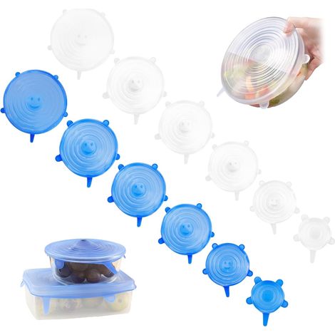 12PCS Couvercle Silicone Alimentaire, Couvercles Réutilisables, Couvercle Micro Ondes, Ensemble de Couvercle Silicone Alimentaire Extensible, Respectueux de l'environnement, Couleurs Bleu et Blanc (1/5)