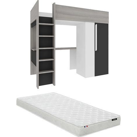 Letto a soppalco + materasso con armadio e scrivania 90 x 200 cm Antracite e Bianco - NICOLAS II (1/5)