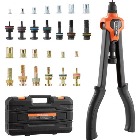 Riveteuse Manuelle 42 cm, Kit d'Outils à Riveter Complet, pour Bricoleur Installation et Réparation Maison, Pince à Écrous à Sertir avec 13 Mandrins Métriques et SAE, 130 Écrous, avec Mallette (1/5)