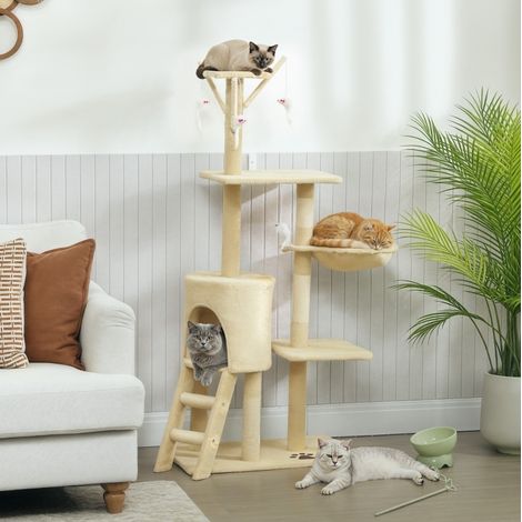 Tiragraffi 60x35x134 cm in poliestere beige con cuccia, giochi e scala – MEUBLIV (1/5)