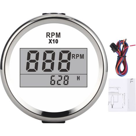 Tachymètre LCD 0‑9990 tr/min IP67 étanche rétro-éclairage rouge, 52mm, affichage numérique, 9‑32V, cadran blanc, boîtier argenté (1/5)