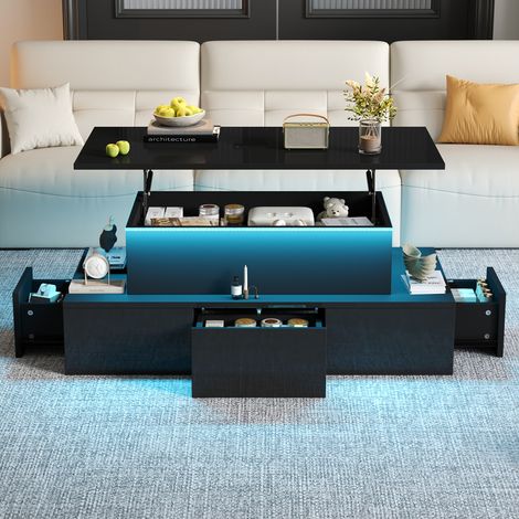 Anhebbarer Couchtisch schwarz mit 4 Schubladen, Wohnzimmertisch mit LED Beleuchtung, 100x50x40 cm (1/5)