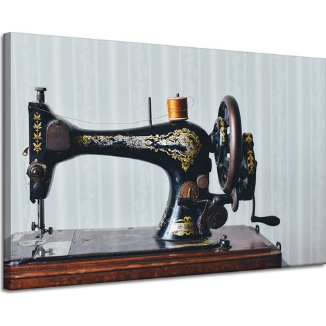 Lienzo impreso con máquina de coser vintage, 120x80 cm, aguja de sastre e hilo.