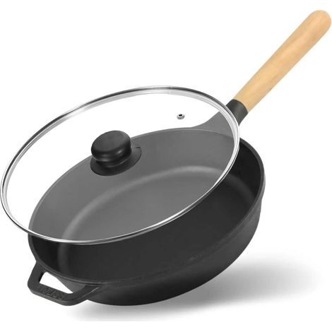 Poêle en fonte - Diamètre : 22 cm - Profondeur : 40 mm - Avec couvercle en verre - Poêle à frire ronde en fonte - Avec poignée en bois - Compatible avec tous les types de cuisinières (1/5)