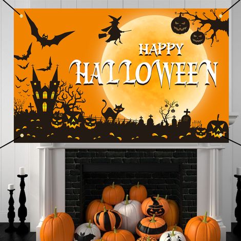 Bannière d Halloween, bannière de décoration de citrouille, police créative d Halloween effrayante atmosphère de festival de nuit noire drapeau suspendu décoratif 180 × 110 CM (1/4)
