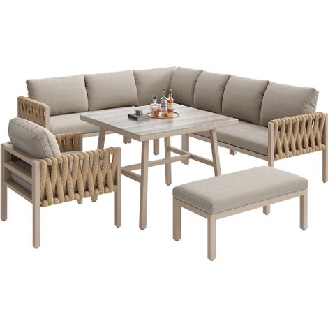 Gartenmöbelset Lounge 5-teilig, Seil Gartenmöbel mit Ecksofa, Tisch mit gehärteter Glasplatte, verstellbare Beine, beige