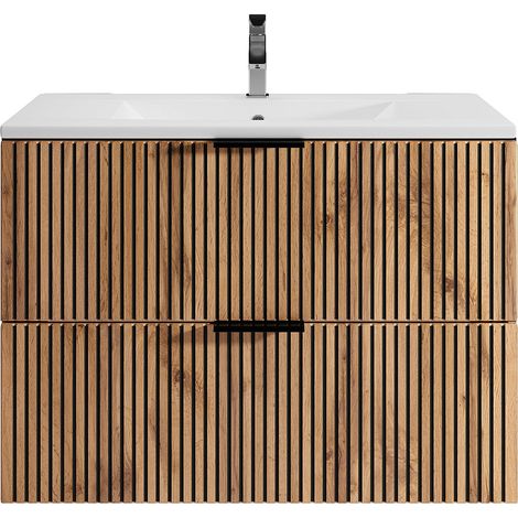 Mobile per bagno sospeso con lavabo da incasso 80 cm Naturale chiaro e Nero - MADELA (1/4)