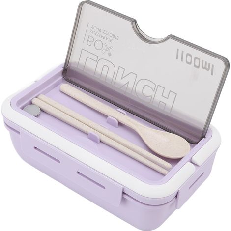 Boîte à lunch compartimentée à 2 compartiments, 1100 ml, élégante boîte à bento pour adultes avec cuillère et baguettes, idéale pour le bureau et l'école (violet). (1/5)