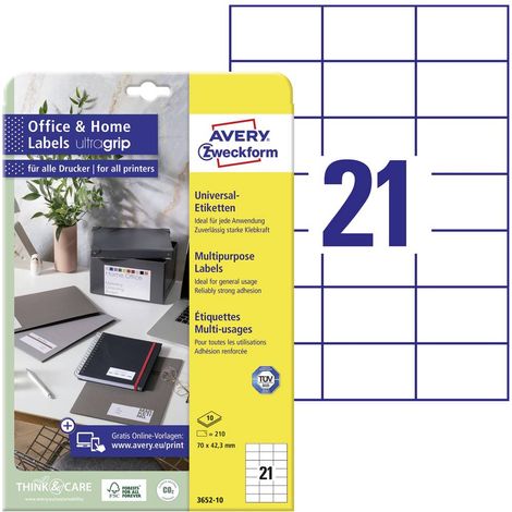 Avery-Zweckform 3652-10 Etiquette universelles 70 x 42.3 mm papier blanc 210 pc(s) fixation permanente imprimante à jet (1/4)