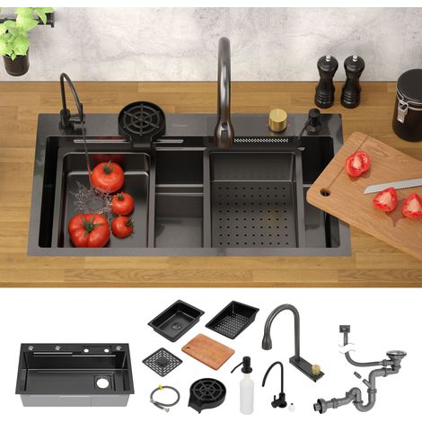 ML-Design Lavello Multifunzionale in Acciaio Inox 80x46 cm Antracite Lavabo da Cucina Rettangolare Lavandino a Cascata da Incasso 1 Vasca Sottopiano con Rubinetto Estraibile e Altri Accessori (1/5)