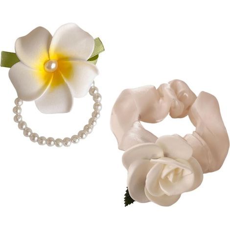 Braccialetto e elastico per capelli 2 in 1 con perle, uovo e fiore + grande anello per capelli con camelia beige, eleganza giovanile, accessorio per capelli puro (1/5)