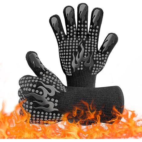 Gants de Barbecue, Gants Four Anti Chaleur Jusqu'à 800°C, Gants Barbecue Résistant à la Chaleur, Gants de Cuisine Antidérapants pour BBQ, la Cuisson, Grill et Cheminée, Noir (1/5)